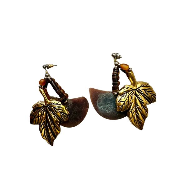 Vintage Leaf Mixed Media Post Dangle Earrings - Picture 3 of 7